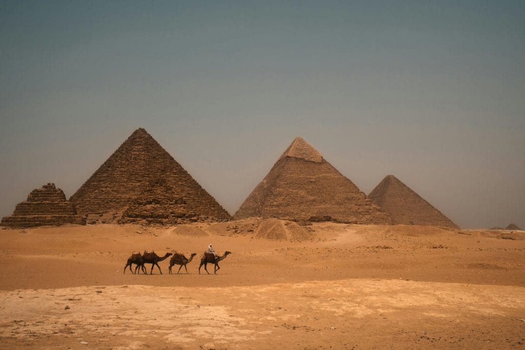 A camel caravan travels in front of the iconic Giza pyramids under the warm Egyptian sun.